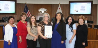 Courtesy photo. From left: Vice Mayor Annette C. Delgadillo, Councilmember Vilma Cuellar Stallings, Chamber Member Services Director Dora Sanchez, Chamber Executive Director Barbara Crowson, Mayor Isabel Aguayo, Councilmember Brenda Olmos, and Councilmember Peggy Lemons.