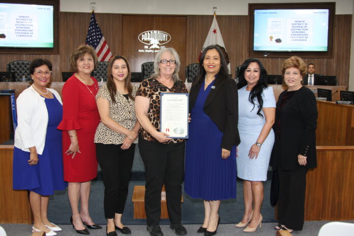 Courtesy photo. From left: Vice Mayor Annette C. Delgadillo, Councilmember Vilma Cuellar Stallings, Chamber Member Services Director Dora Sanchez, Chamber Executive Director Barbara Crowson, Mayor Isabel Aguayo, Councilmember Brenda Olmos, and Councilmember Peggy Lemons.